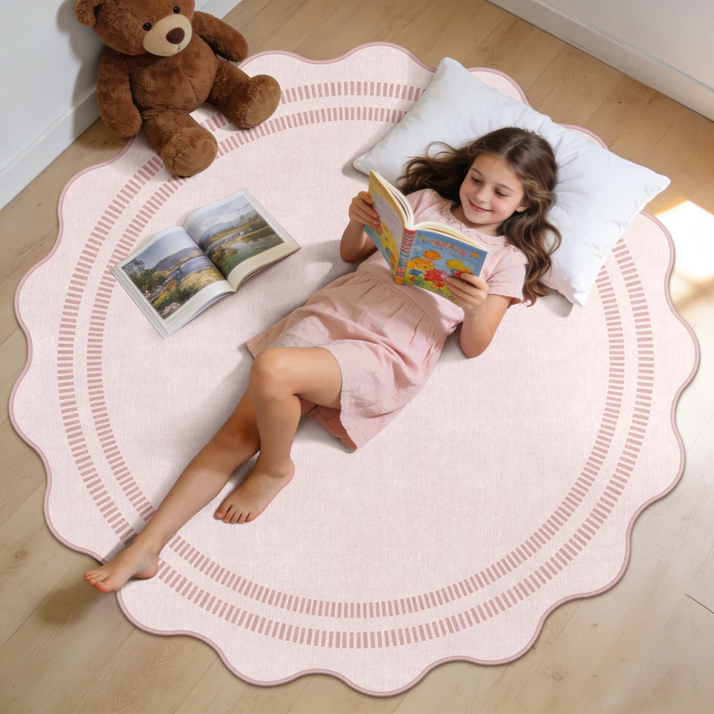 LORWER Washable 5ft Area Rugs for Living Room, Solid Pink Non Slip Rugs for Bedroom Girls, Stain Resistant Scalloped Soft Carpet for Nursery Dorm Dining Room