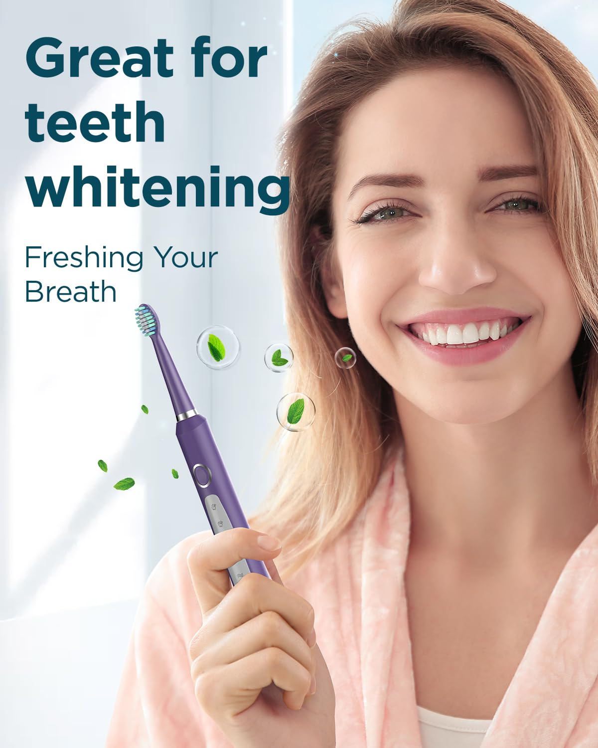 Rtauys M5 Sonic Electric Toothbrush for Adults and Kids - Rechargeable Electric Toothbrush Kids Ages 12+ and Adults with 8 Brush Heads & Travel Case, 120 Days Battery Life - Pink