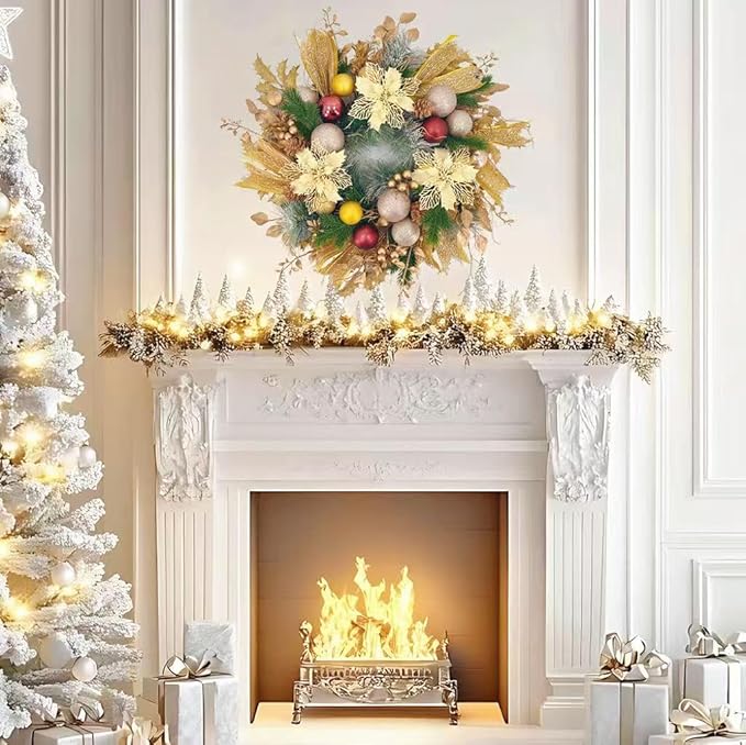 22inch Christams Wreath for Front Door, Artificial Gold Sparkling Flower Wreath, Class Gold Flower Ball Decoration, Used for Decorating Doors, Windows, Festive Hanging Decorations for Doors Mantel