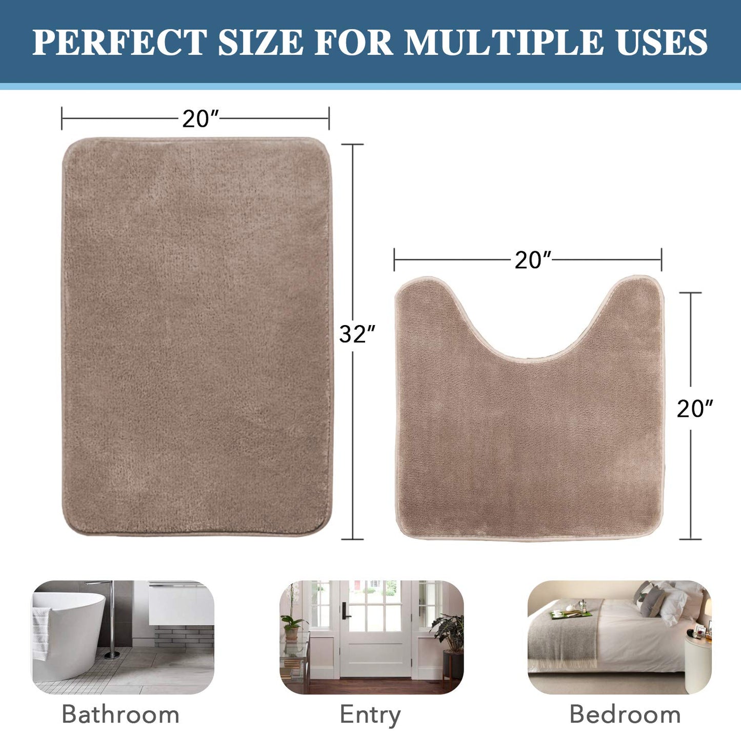 H.VERSAILTEX Bath Mat Memory Foam Bathroom Rug Flannel Velvety Luxury Extra Soft and Absorbent Non Slip Rugs for Bathroom/Bedroom Washable (Curved Set 20"x 32" Plus 20"x 20"U, Taupe)