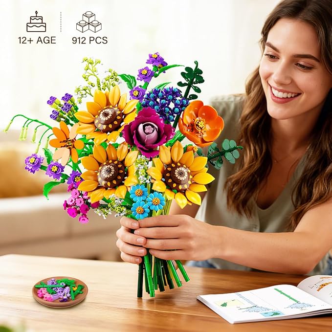Wild Flowers Bouquet Building Set with Lights - 912PCS Wildflower 18 Botanicals Collection Building Blocks Sunflower Rose Plants Home Decor Easter Gift for Her Mom Women Adults Girls 12+