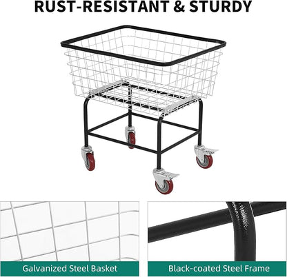 Large Rolling Laundry Cart with Wheels Holds 2 Washer Loads, Wire Laundry Basket, Heavy-Duty Steel Storage Basket with Galvanized Finish, for Commercial or Home Laundry