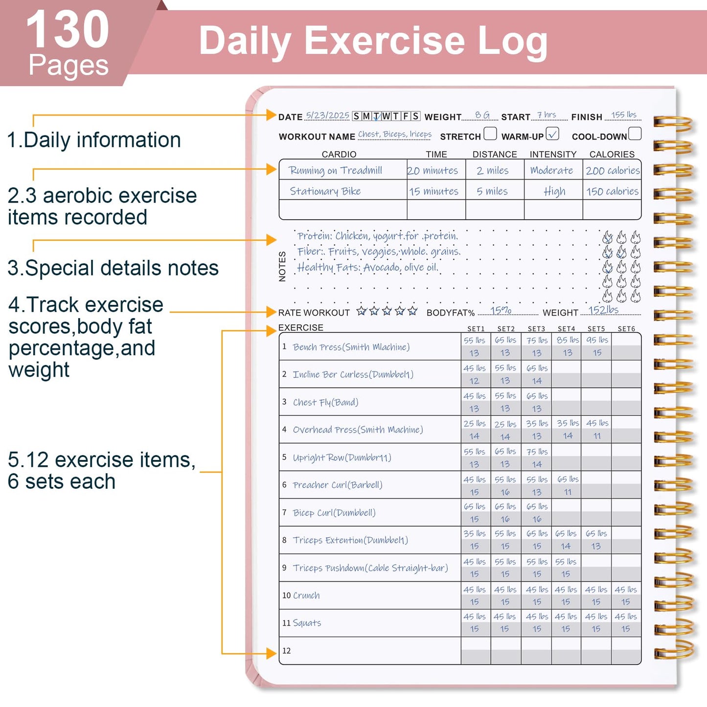 Guirnd Undated Fitness Workout Journal for Men & Women, A5(8.5" x 6.7") Fitness Journal Workout Planner, Workout Log Book Planner for Tracking, Motivating, and Achieving Your Fitness Goals - Pink
