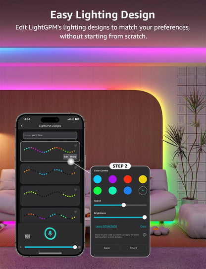 Lepro S1 AI LED Strip Lights for Bedroom - 65.6ft Smart RGB Light Strips with IC and Rainbow Chasing Effects, Color Segment DIY, AI Generated Lighting, No Remote, 2.4G Wi-Fi & Bluetooth
