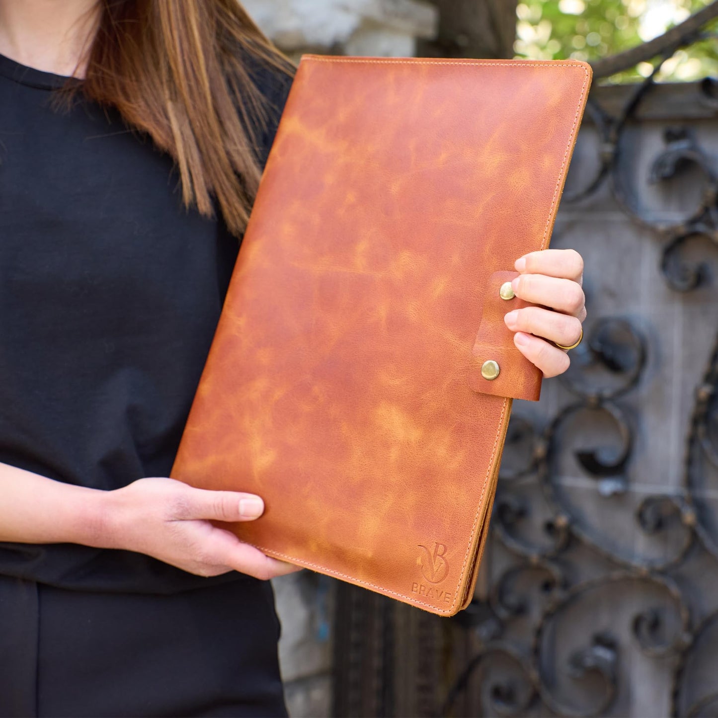 Leather Portfolio Folder - Genuine Leather Document Organizer with Multiple Pockets and Pen Holder – Business Padfolio for A4 Letter Size Papers, Professional Resume or Meeting Use (Whiskey)