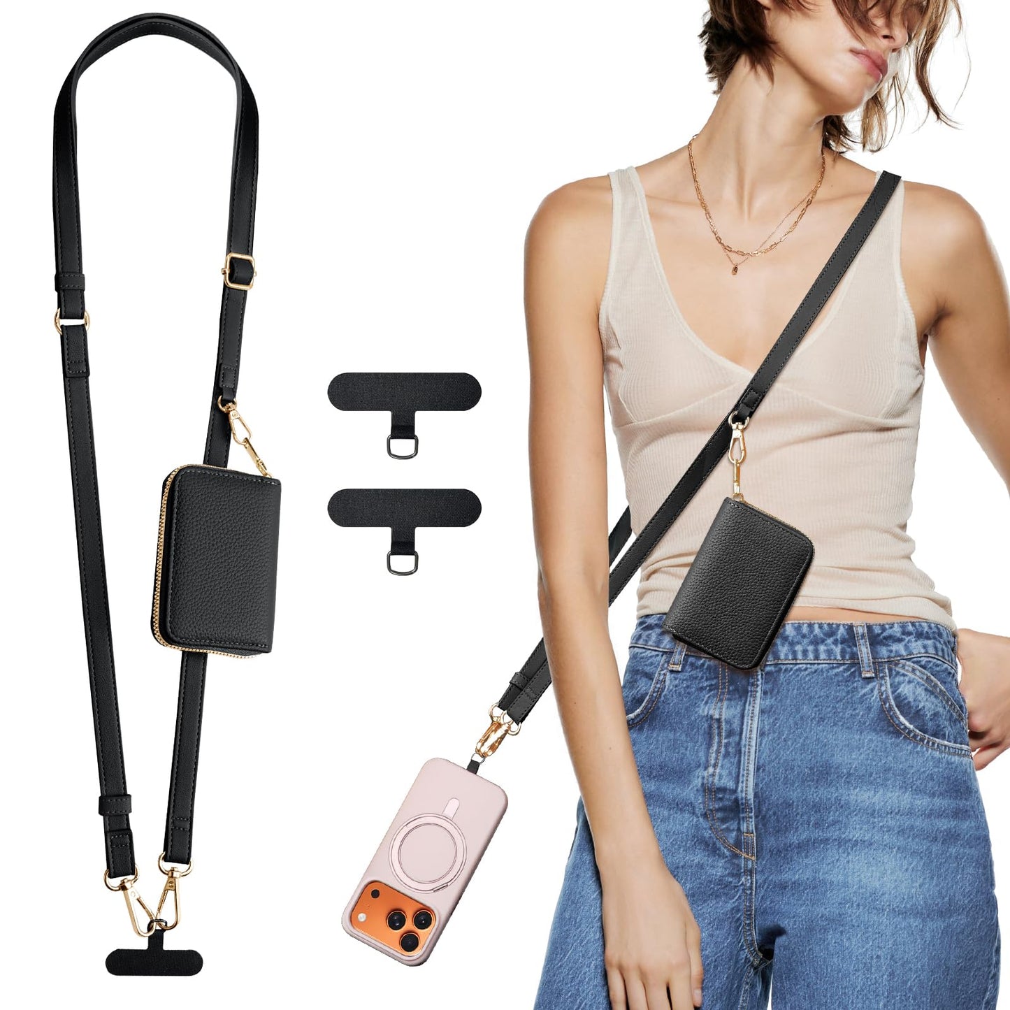 TiMOVO Phone Lanyard, Strap with Leather Wallet Pouch, Universal Crossbody Phone Lanyard Adjustable Neck Strap, Compatible with Most Smartphones, Black