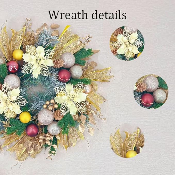 22inch Christams Wreath for Front Door, Artificial Gold Sparkling Flower Wreath, Class Gold Flower Ball Decoration, Used for Decorating Doors, Windows, Festive Hanging Decorations for Doors Mantel