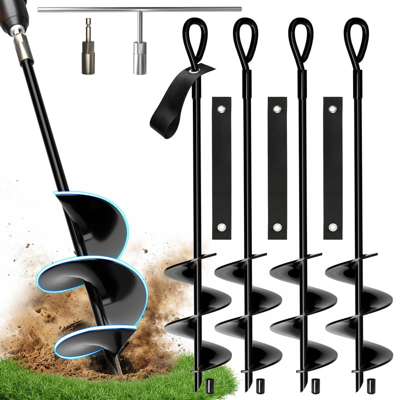 MIXC 18 Inch Heavy Duty Ground Anchors Screw in, 4 Pack Spiral Trampoline Stakes with Straps, Drill Adapter and Upgraded T-Wrench, 2.76'' Wider Blades for Swing Set, Shed, Carport, Mobile Home