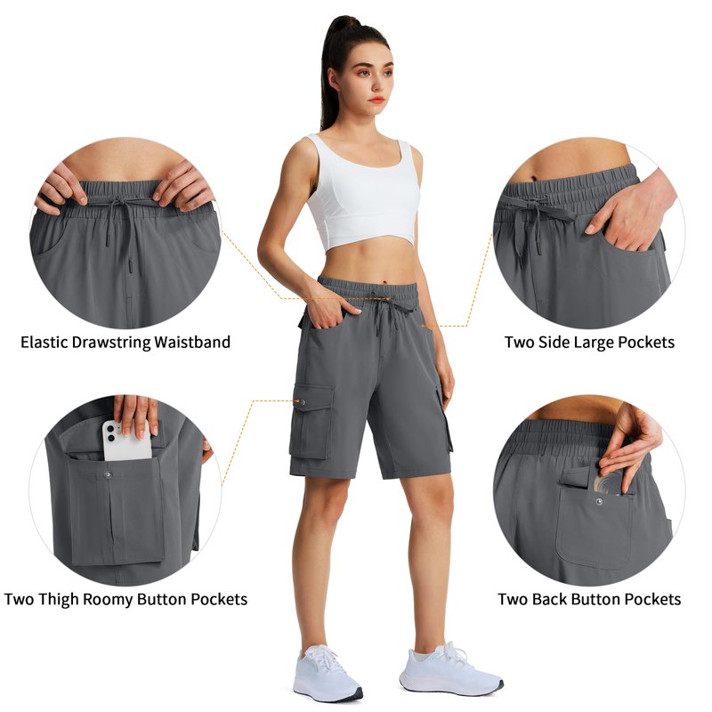 Hugut Women's 9" Hiking Cargo Shorts Quick Dry Lightweight Summer Shorts for Camping Travel Golf 6 Pockets Dark Grey