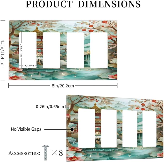 Asian Palace Traditional Bridge Cherry Blossoms Light Switch Cover 4 Gang Rocker Decora Outlet Covers Wall Plate Decorative Switchplate Electrical Faceplate GFCI for Farmhouse Decor