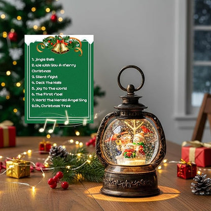 Christmas Snow Globe Lantern Water Glittering Snowman with Music, USB Lined/Battery Operated Lighted Lantern for Christmas Festival Decoration Gifts
