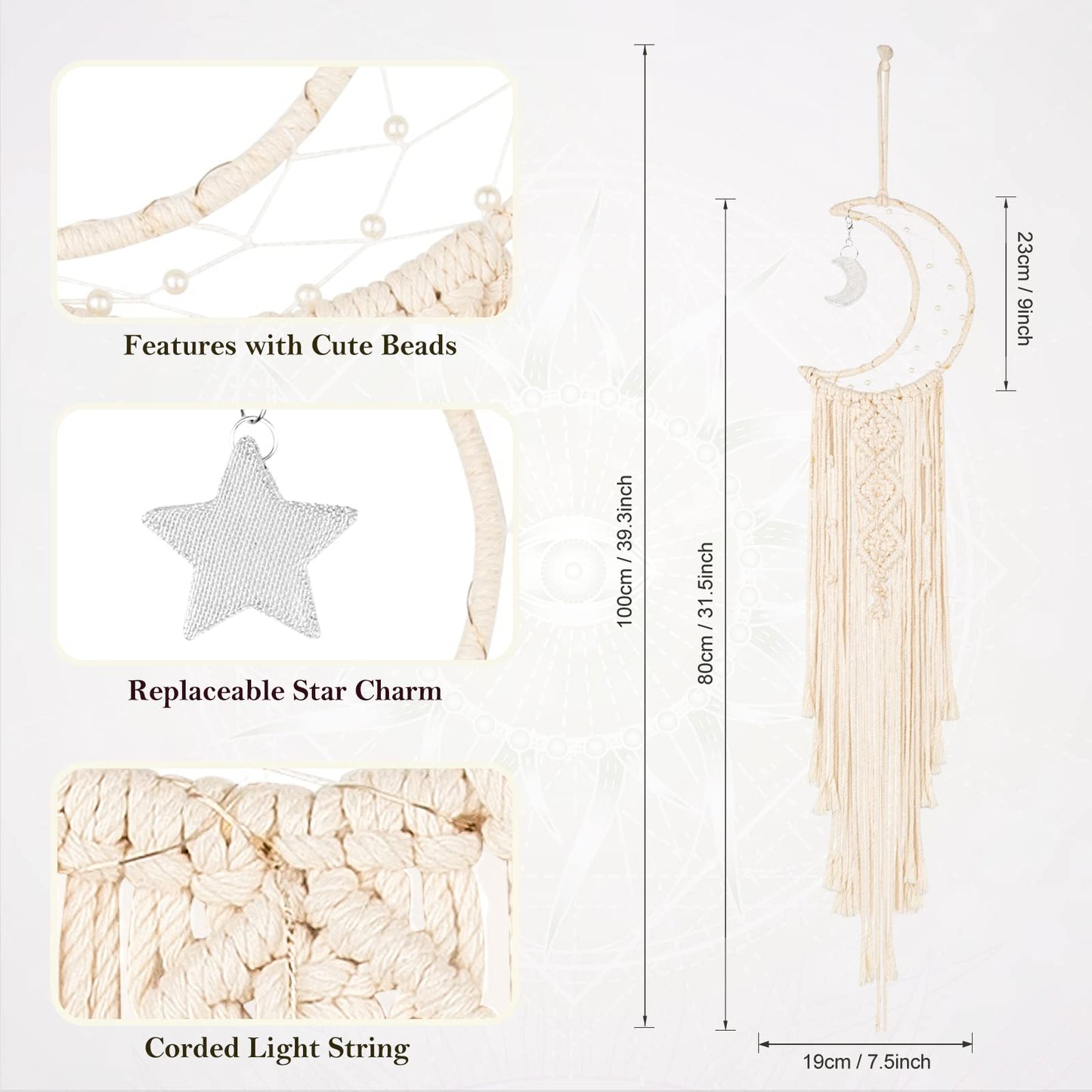 Boho Macrame Woven Wall Hanging, Crochet Crescent Moon Star Dream Catcher with Long Tassel- White Cotton Handmade Bohemian Home Decor Decoration Art Craft for Kids Bedroom Dorm Room