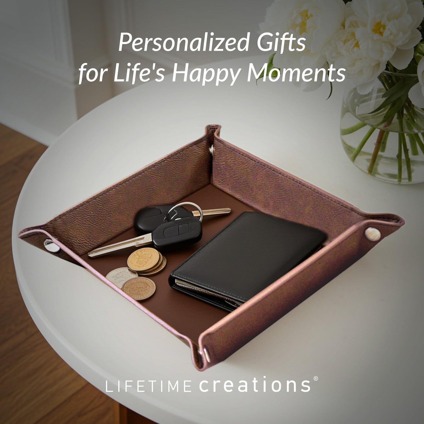 Lifetime Creations Personalized Valet Tray (Brown) - Custom Engraved Vegan Leather Snap Catchall, Gifts for Groomsmen