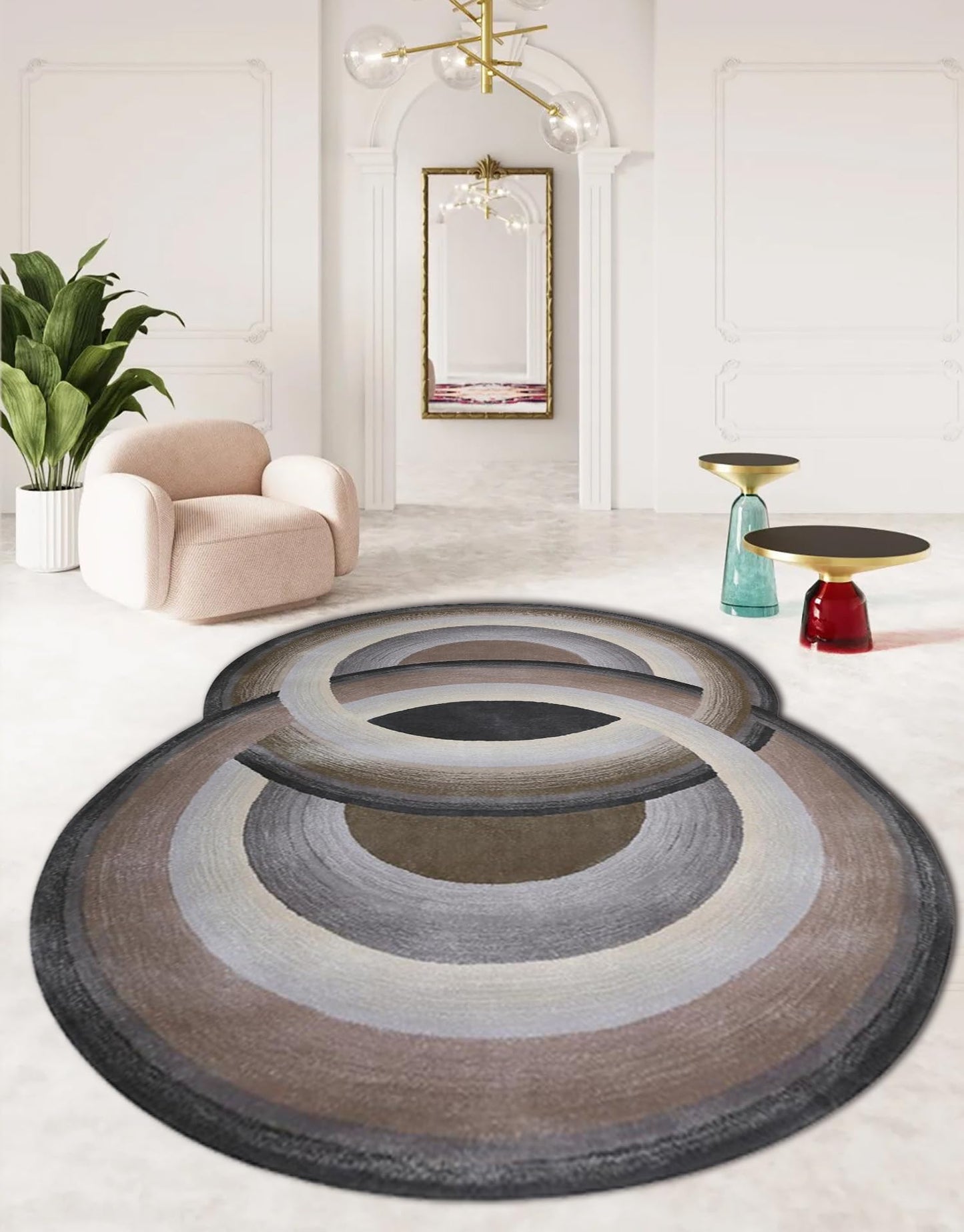 Gray Brown Concentric Circle Abstract Shape Irregular Rug for Living Room Bedroom Guestroom Washable Low Pile Shag Carpet Unique Designer Home Office Dorm Kitchen Hallway Anti Slip Runner Mat 2x3