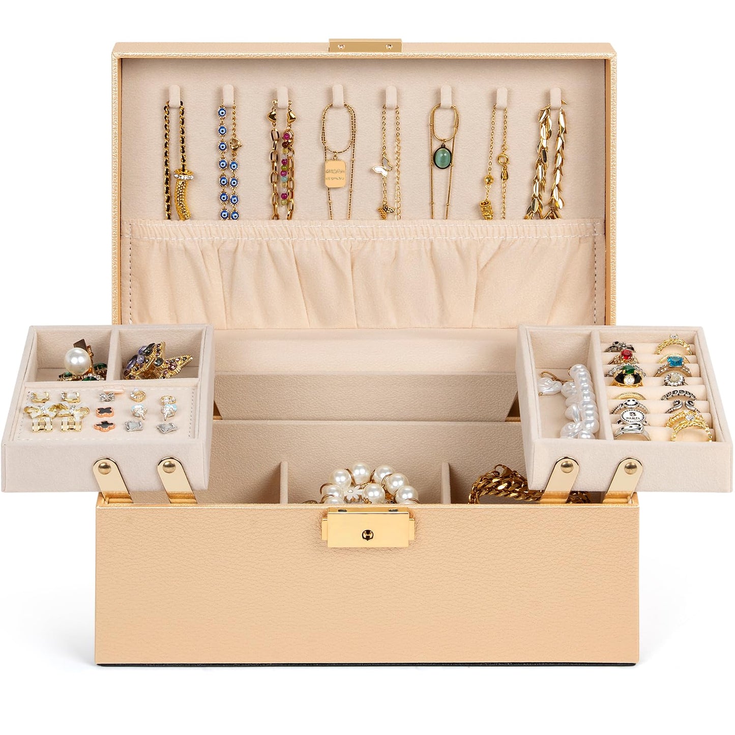 AKOZLIN Travel Jewelry Box Organizer Functional 2-trays Leather Jewelry Storage Case with Lockable Portable for Women Girls Ring Necklace Earring Bracelet Champagne
