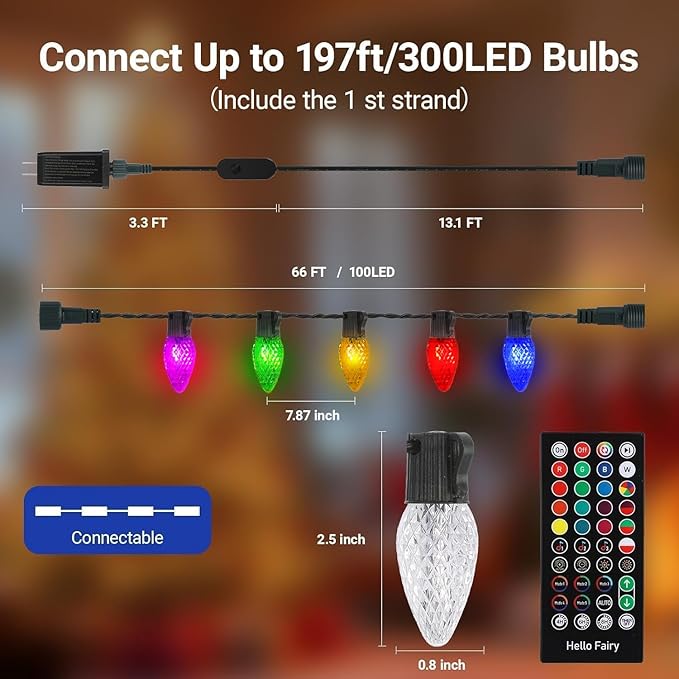 C9 Christmas Lights Outdoor , 148FT 200 LED RGB Color Changing Bulbs,App Bluetooth Music Sync, DIY Scenes & Timers, Connectable to 198FT, IP44 Waterproof Roofline Eaves Porch Fence Decorations