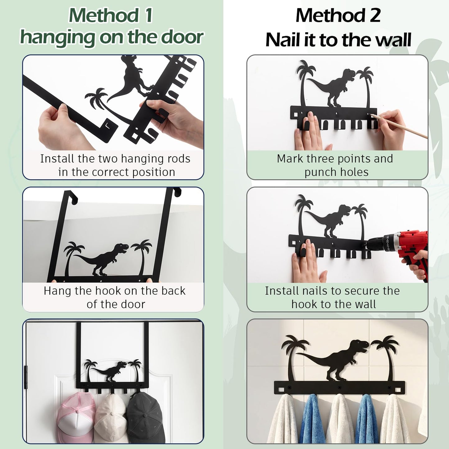 Reallnaive Dinosaur Over The Door Hooks Bathroom Decor Hanger Wall Mount Rack Holder for Towel, Hat, Coat, Cloth, Keychain, Bag, Christmas Party Gift