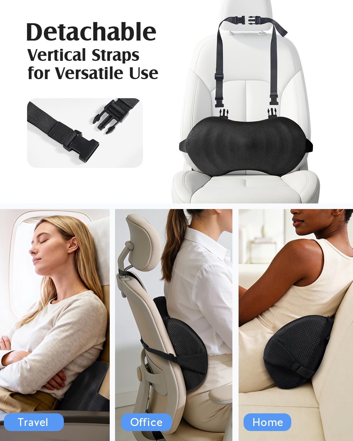 YFONG Lumbar Support Pillow for Car & Office Chair, Memory Foam Back Cushion with Adjustable Straps Non-Slip, Firm Support for Lower Back Pain Relief, Black