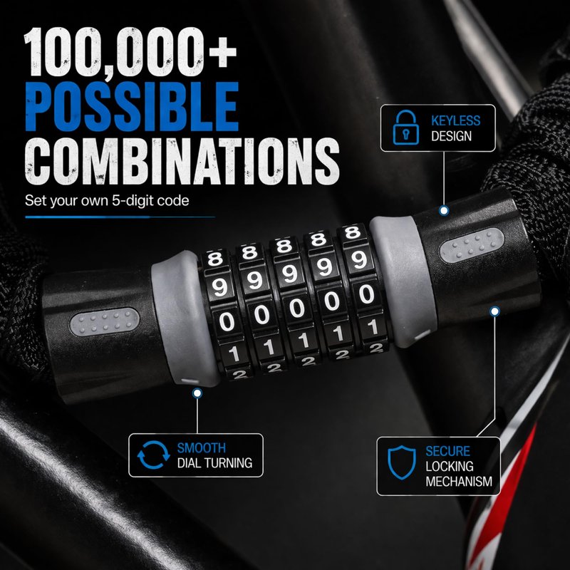 Heavy-Duty Bike Lock – Anti-Theft 5-Digit Combination Bicycle Lock | Weather-Resistant, Cut-Resistant Security Lock for Mountain, Road & Hybrid Bikes by Revas