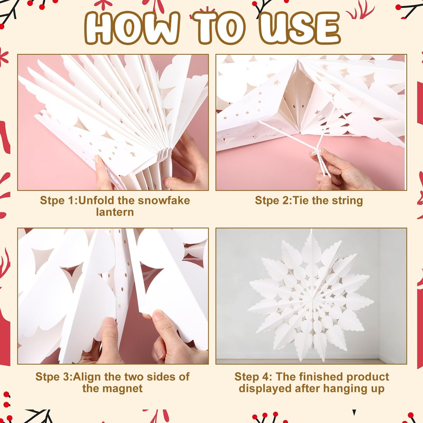 Glooglitter 12 Pcs Paper Star Lantern 3D Christmas Paper Snowflake Lanterns White Hanging Lamp Ornaments for Xmas Tree New Year Holiday Party Decorations (White, Kraft, Green)