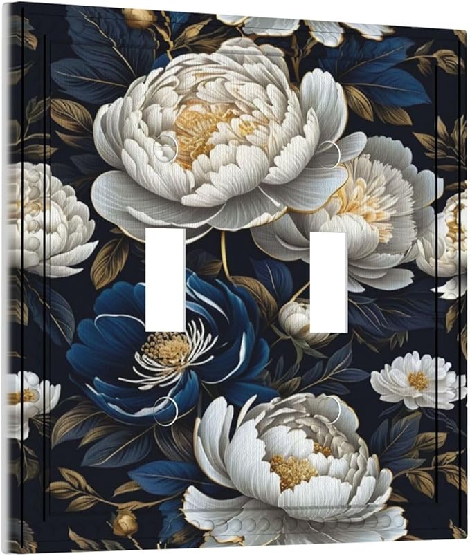 White Gold Blue Flower Light Switch Covers Double Toggle 2 Gang Wall Plate Dual Decorative Switchplate Electrical Faceplate for Farmhouse Living Room Decor