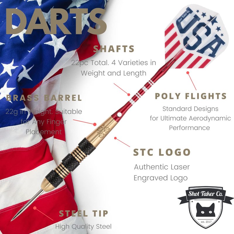 Steel Tip Darts Set - Professional Darts Steel Tip for Dartboard - Includes Brass Barrels + Plastic & Aluminum Shafts + Rubber O'Rings + Flights + Darts Sharpener + Wrench (22g-USA B-STC10450)