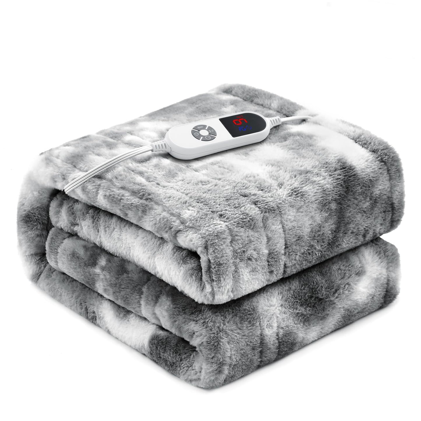 Electric Heated Blanket 50"x60",Luxury Grey Faux Fur Electric Throw Blanket,Fast Heating Soft Fluffy Thick Electric Blanket with 6 Heating Levels & 12H Auto Off