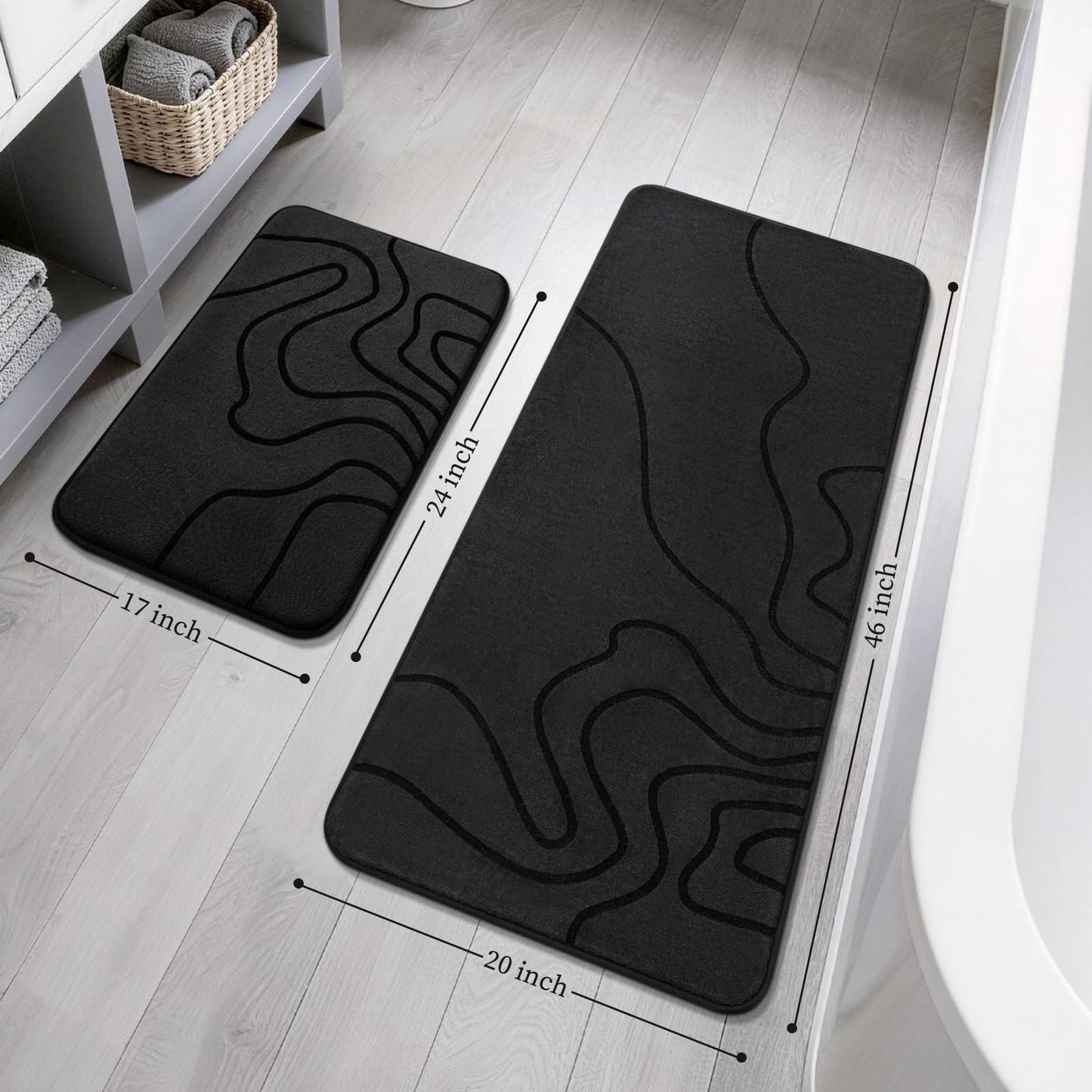 YIHOUSE Memory Foam Bathroom Rugs Sets 2 Piece - Extra Thick Ultra Soft Absorbent Bath Mat Set, Non-Slip Machine Washable Bath Rugs for Bathroom, Tub & Shower, Home Decor (17"x24"+20"x46", Black)