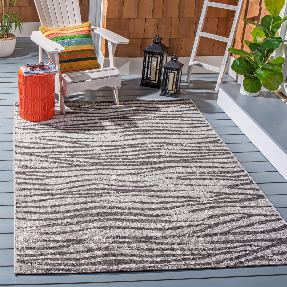 SAFAVIEH Washable Rug Outdoor Courtyard Collection - 4' x 5'7", Grey & Black, Zebra Print Design, Non-Shedding & Easy Cleaning, Ideal for Patio, Backyard, Mudroom (CY8551-37612)