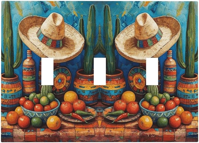 Decorative Art Light Switch Covers Mexican Sombrero & Serape Vibes 3 Gang Triple Toggle Wall Plate Decorative Switch plate Electrical Faceplate for Home Decor