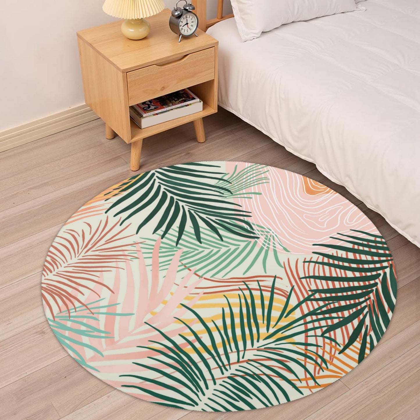 Wualmondor Modern Art Leaves Round Rugs 4ft Abstract Palm Leaf Circle Area Rug Low Pile Washable Carpet Non Slip Rubber Backing Rug Doormat for Living Room Bedroom Entryway Pink Green