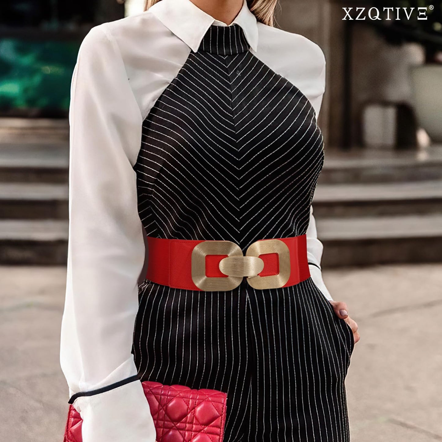 XZQTIVE Women Wide Elastic Belts for Dress Fashion Stretchy Waist Belts for Ladies with Gold Buckle