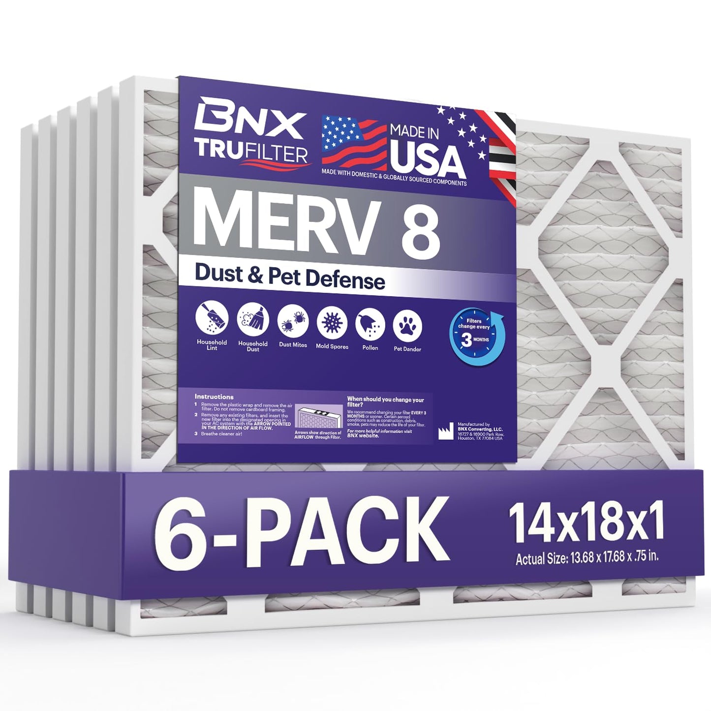 BNX TruFilter 14x18x1 Air Filter MERV 8 (6-Pack) - MADE IN USA – Dust & Pet Defense Electrostatic Pleated Air Conditioner HVAC AC Furnace Filters for Dust, Pet, Mold, Pollen MPR 600 – 700 & FPR 5