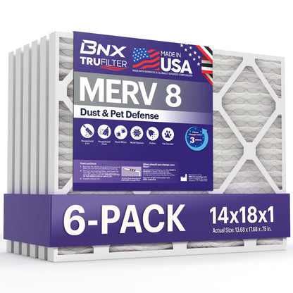 BNX TruFilter 14x18x1 Air Filter MERV 8 (6-Pack) - MADE IN USA – Dust & Pet Defense Electrostatic Pleated Air Conditioner HVAC AC Furnace Filters for Dust, Pet, Mold, Pollen MPR 600 – 700 & FPR 5