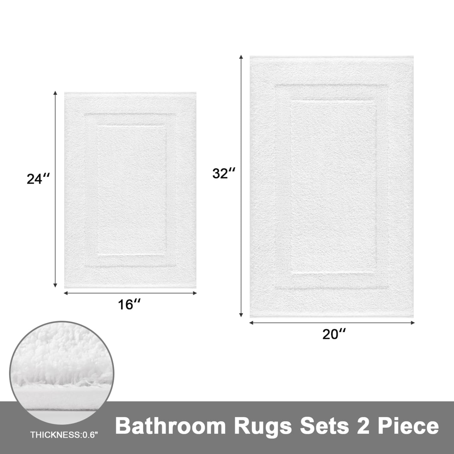 SHACOS Soft Fluffy White Bath Rugs Mats Set of 2 Pieces 16x24 + 20x32 inch, Non Slip Washable Bathroom Rugs, Microfiber Absorbent Bath Rug Plush Floor Rug Carpet