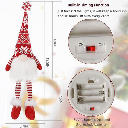 Juegoal 2 Pack Lighted Christmas Gnomes with Dangling Legs, 19.5Inch Handmade Scandinavian Swedish Tomte, Battery Operated Winter Tabletop Christmas Decorations Collectible Figurines
