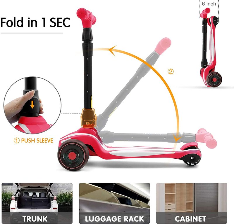 LOL-FUN Scooter for Kids Ages 3-5 Years Old Boy Girl with 3 Wheels, Extra-Wide Childrens Foldable Kick Scooter Kids Ages 6-12 Toddler with 4 Adjustable Height and Lean-to-Steer - Pink