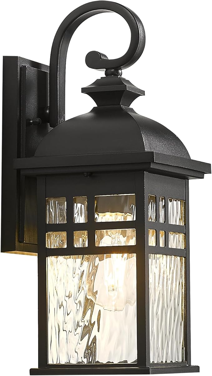 Outdoor Wall Lights Exterior Black Outdoor Light Fixtures Wall Mount with Water Ripple Glass Waterproof Anti-Rust Outside Wall Sconce Porch Lights for House Garage Doorway