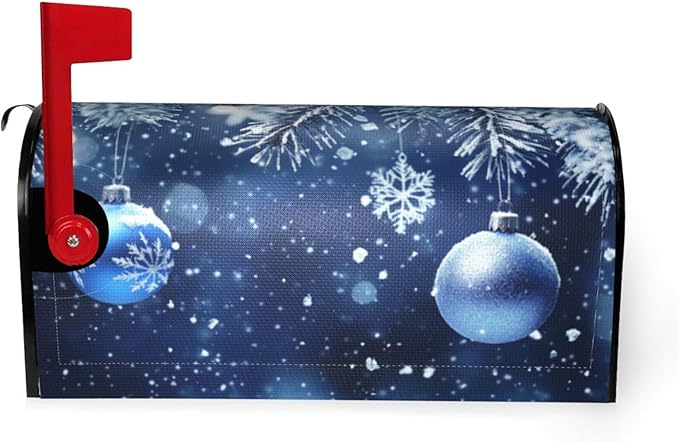 Festive Magnetic Mailbox Cover Blue Ball Christmas Pattern Outdoor Mailbox Protector Holiday Seasonal Decorative Garden Yard Home Large Size 25.5 x 21 Inch