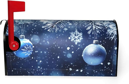 Festive Magnetic Mailbox Cover Blue Ball Christmas Pattern Outdoor Mailbox Protector Holiday Seasonal Decorative Garden Yard Home Standard Size 21 x 18 Inch
