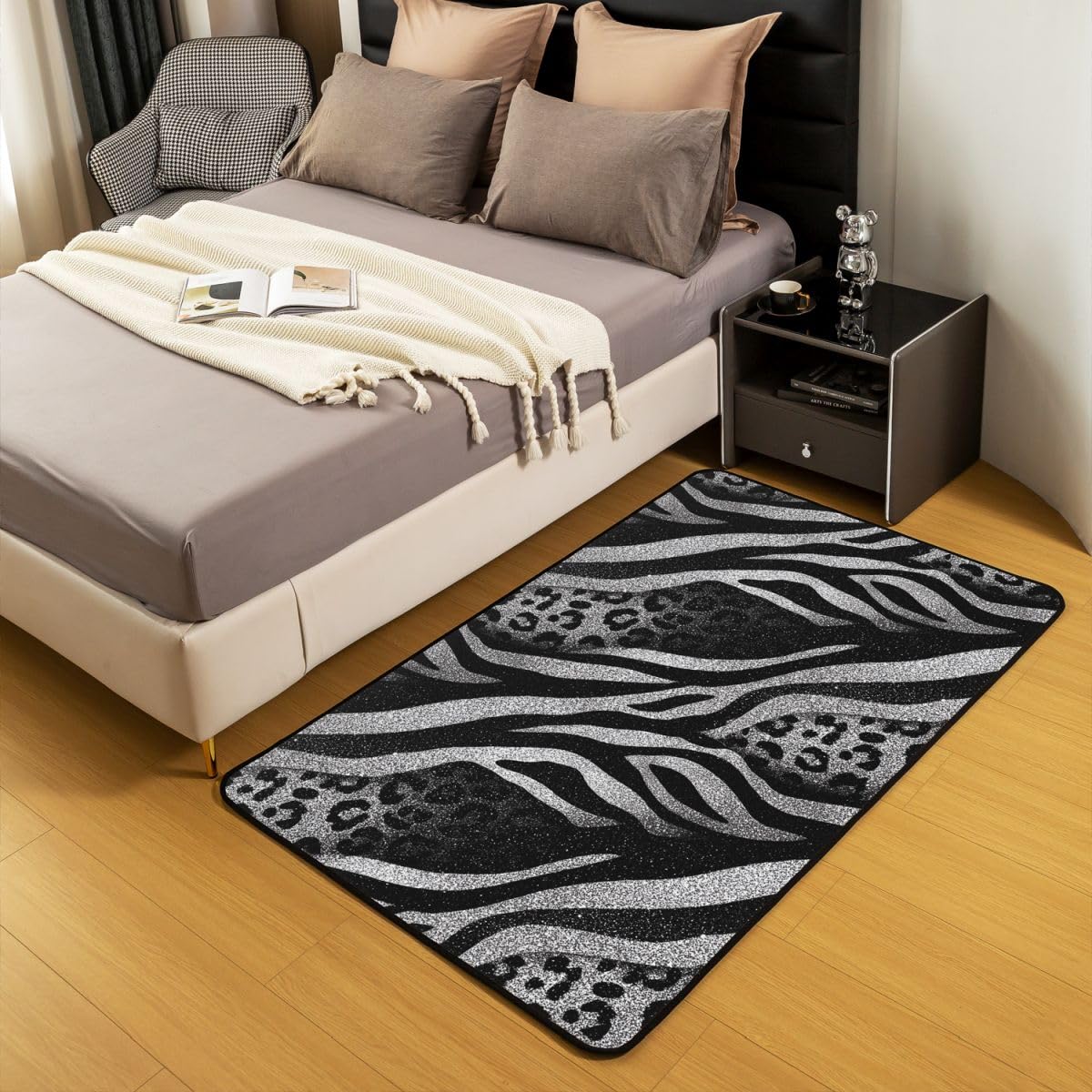 Leopard Print Large Area Rug 5x7 Cheetah Skin Living Room Rug | Zebra Pattern Silver Glitter Rugs for Bedroom, Patchwork African Safari Pattern Low Pile Carpet Indoor Floor Mat