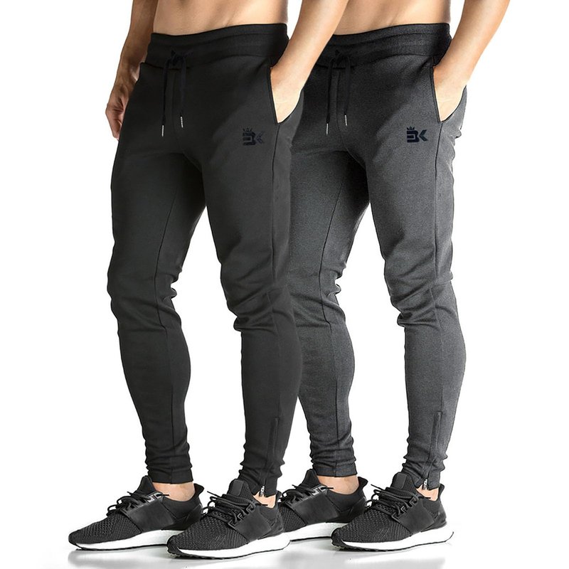 BROKIG Mens Zip Joggers Pants Casual Gym Workout Track Pants Tapered Sweatpants with Pockets (Large, 2 Pack Black+Dark Grey)