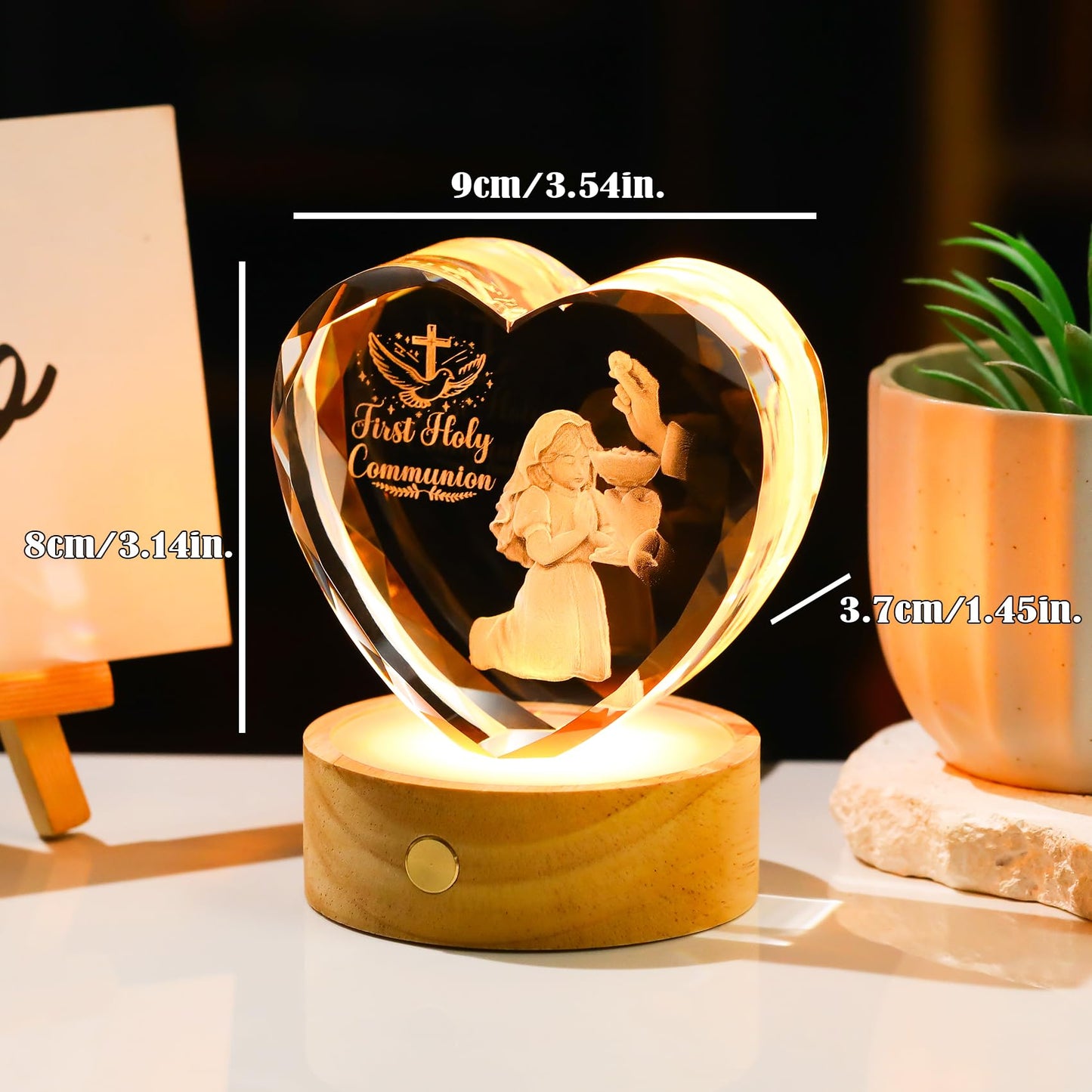 Arikyrist 3D Crystal First Holy Communion Gifts for Girls Women Crystal Heart Laser Engraving Communion Baptism Statue with Wooden Light Base Glass Religious Catholic Christian Decor