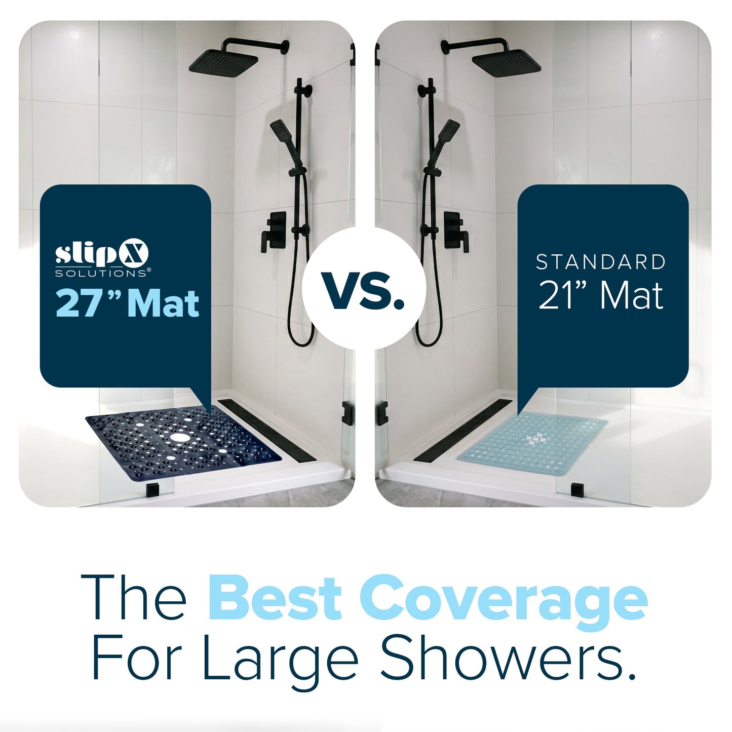 SlipX Solutions 27" Oversize Square Shower Mat, Non-Slip Mat for Elderly & Kids, 100+ Power Grip Suction Cups for Smooth Surfaces, Machine Washable, Black