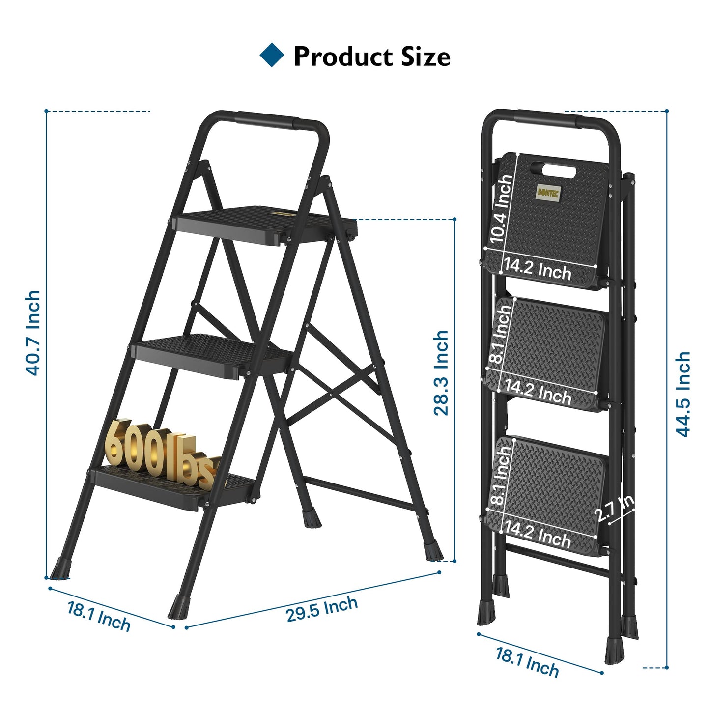 BONTEC 3-Step Ladder, Folding Step Stool, 600lbs Max Load Capacity, Sturdy Steel, Non-Slip Pedals, Lightweight, Portable Steel Ladder with Convenient Handrail, Safety Design for Home & Work, Black