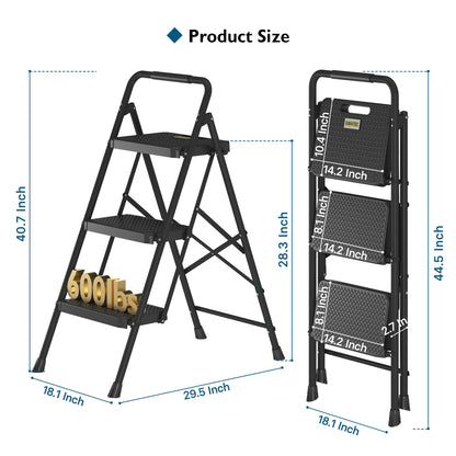 BONTEC 3-Step Ladder, Folding Step Stool, 600lbs Max Load Capacity, Sturdy Steel, Non-Slip Pedals, Lightweight, Portable Steel Ladder with Convenient Handrail, Safety Design for Home & Work, Black