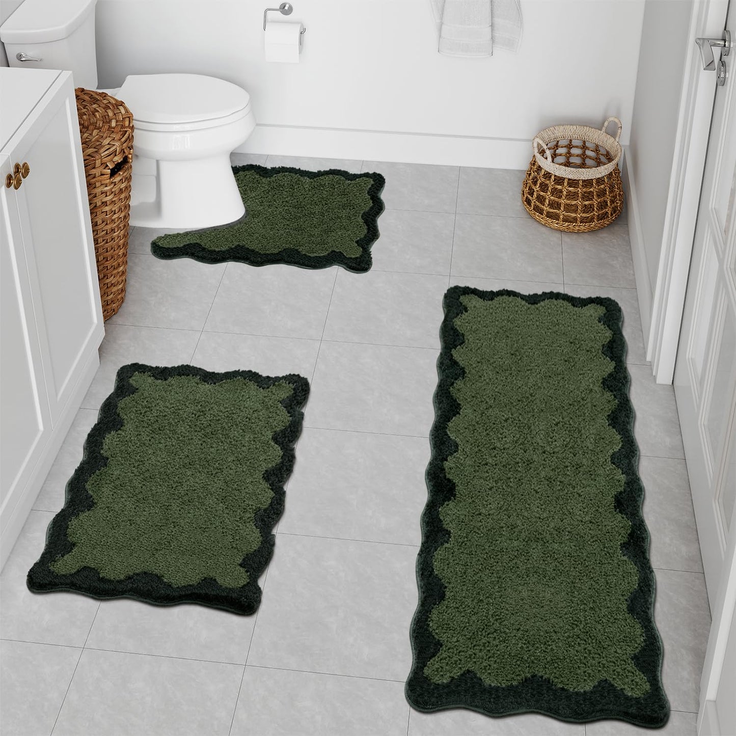 Uphome Scalloped Bathroom Rugs Sets 3 Piece Green Non-Slip Cute Absorbent Long Bath Mat with U-Shaped Contour Toilet Rug Fun Machine Washable Shaggy Bathroom Mats for Bathroom Tub Shower