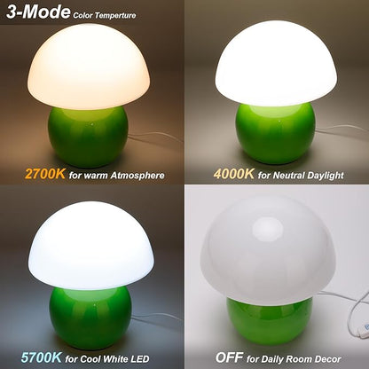 Small Mushroom Lamp,USB-Plug in Bedside Table Lamps with 3-Temperature LED Bulb Dimmable,Unique Cute Aesthetic Home Decor for Living Room,Bedroom, Modern Ceramic Base Glass Lamp(Green)