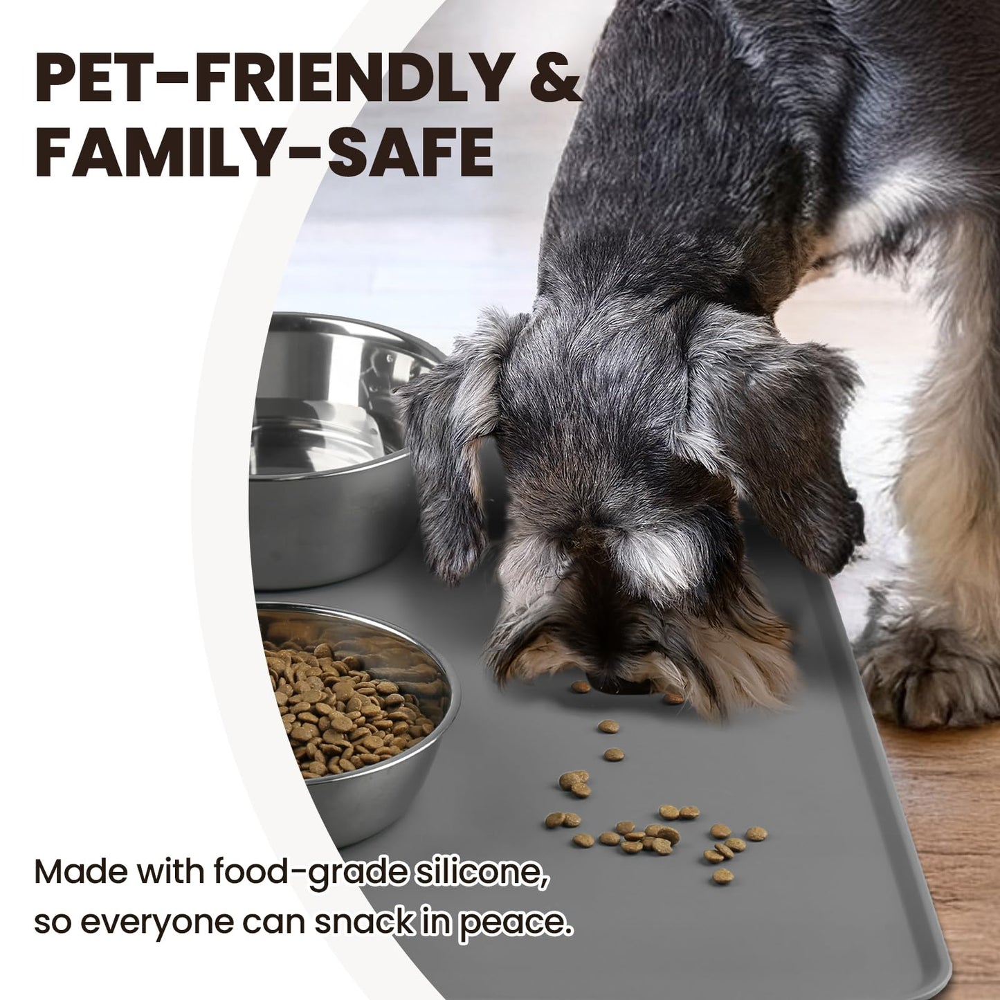 VIVAGLORY Dog Food Mat Flexmat Dog Bowl Mat, Placemat Food Tray with Raised Edges & Lip for Indoor Floor, Non Slip Waterproof Silicone Dish Placemat for Cat & Pet, S, Grey