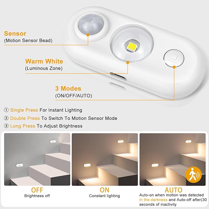 LED Motion Sensor Puck Lights, Magnetic Rechargeable Under Cabinet Lighting, Wireless Battery Operated Closet Light, Dimmable Under Counter Lights for Kitchen Stairs Hallway, Warm White, 4Pack, White